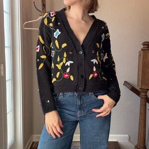 Floral Embroidered Black Cardigan Sweater